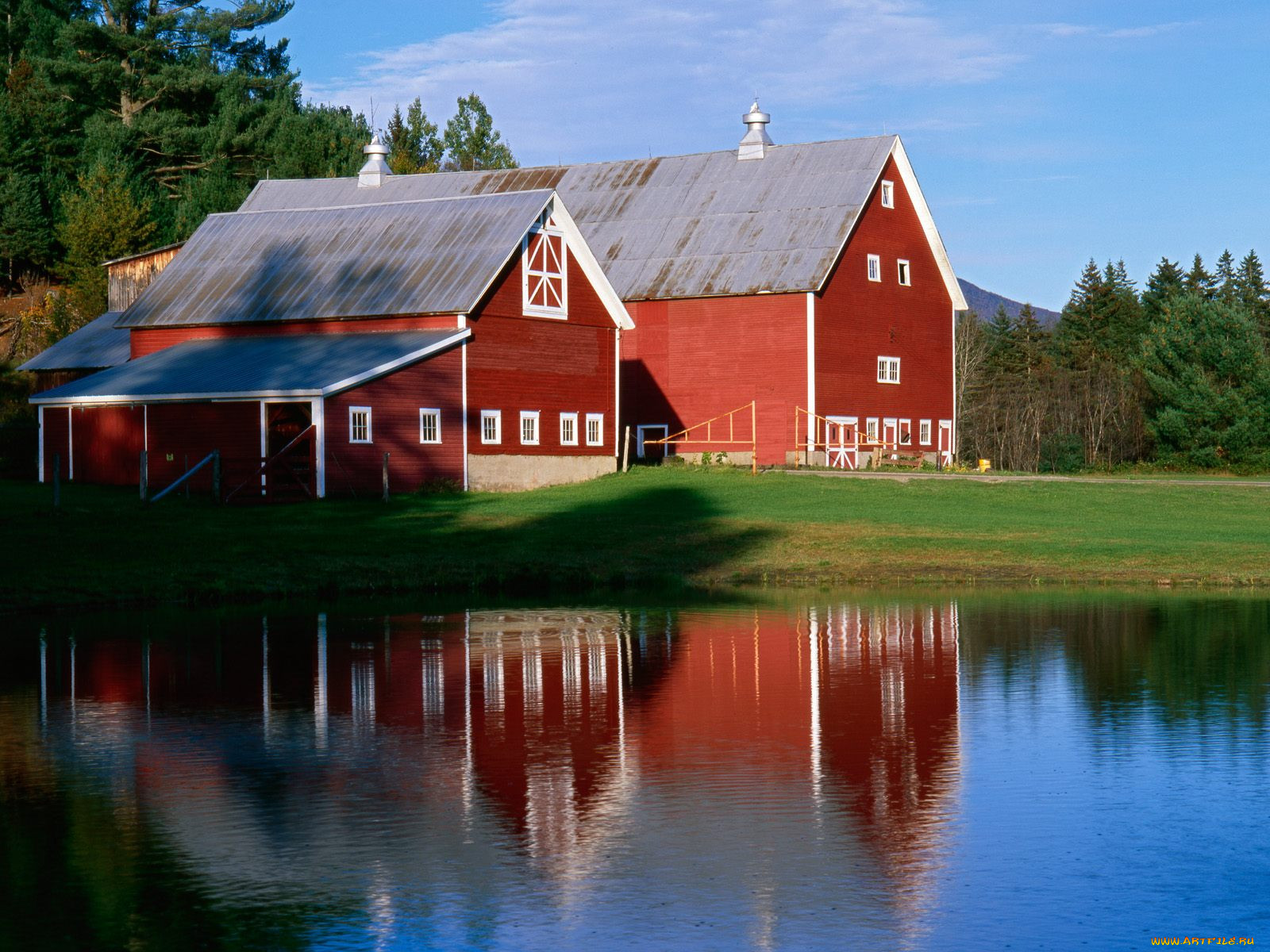 twin, barns, reflecting, in, pond, at, sunset, vermont, 